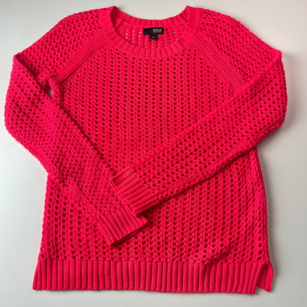 ANA A New Approach Womens Neon Pink Open Knit Crochet‎ Sweater Long Sleeve Small - Picture 4 of 9